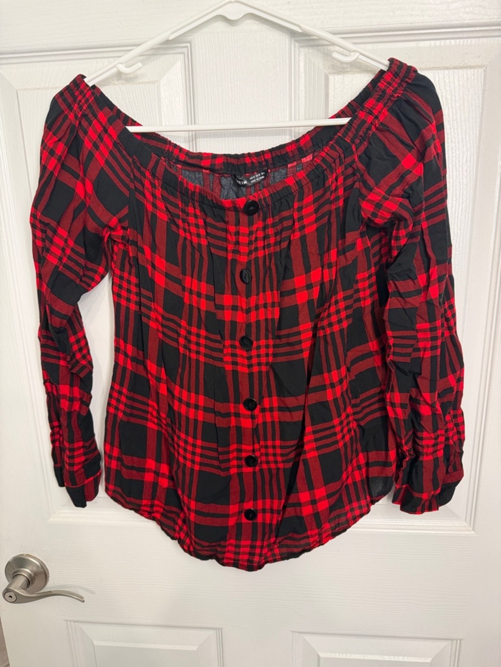 SHEIN Red and Black Plaid Off-Shoulder Button-Front Top